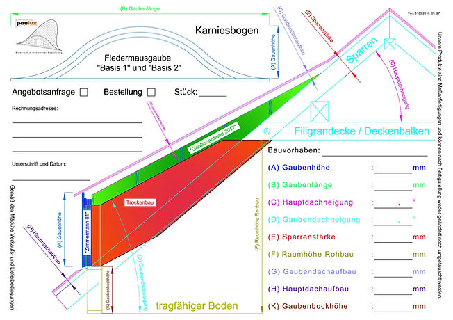 Bestellformular mit Aufmaß-Skizze für die Fledermausgauben Basis 1 und Basis 2
